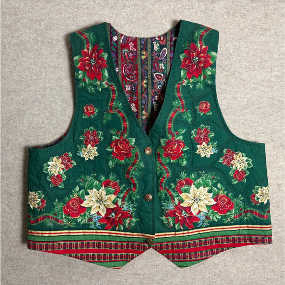 Handmade Tops - Quilted Christmas Vest Handmade Poinsettia Plaid Sz 1X 16 18 Granny Cottage Ugly